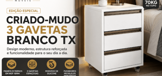 Criado-Mudo 3 Gavetas Branco TX: Design Sofisticado, Estrutura Reforçada e Máxima Funcionalidade