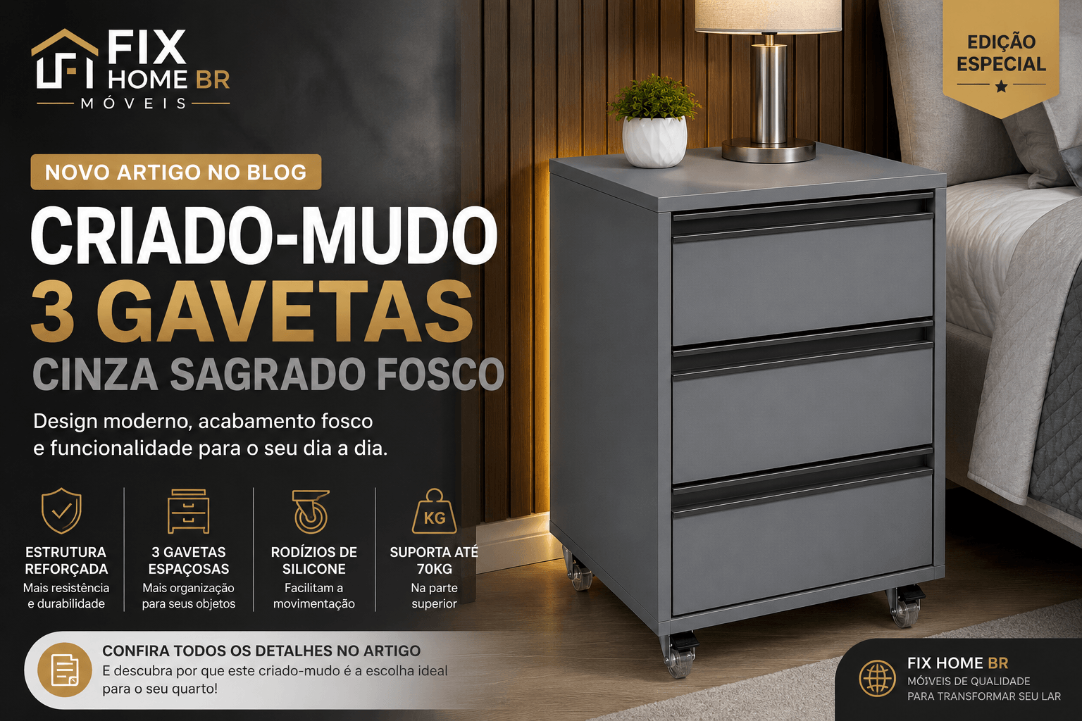 Criado-Mudo Cinza Sagrado Fosco: Elegância, Funcionalidade e Resistência para um Quarto Moderno