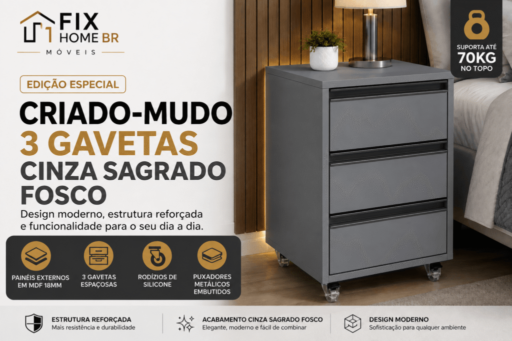 Criado-Mudo 3 Gavetas Cinza Sagrado Fosco em MDF 18 mm com acabamento fosco, puxadores metálicos embutidos, rodízios de silicone e capacidade para suportar até 70 kg na parte superior.