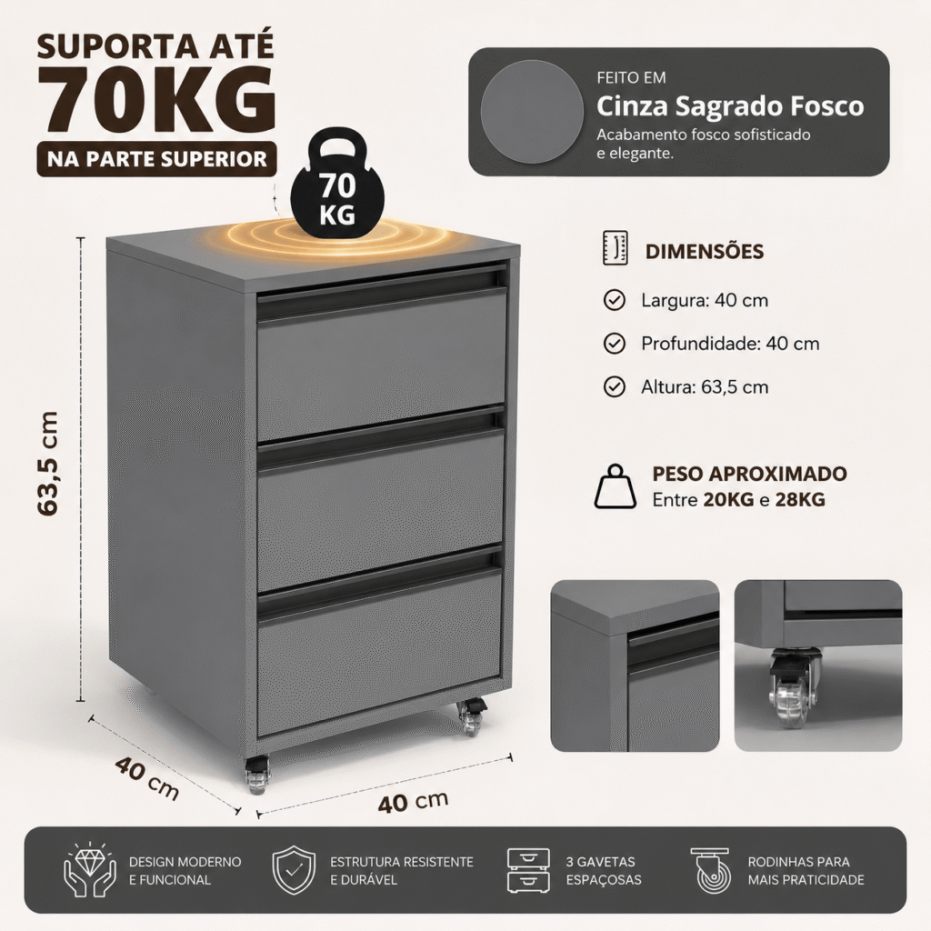 Criado-Mudo 3 Gavetas Cinza Sagrado Fosco em MDF com acabamento fosco, três gavetas espaçosas, rodízios de silicone e design moderno para quartos contemporâneos.