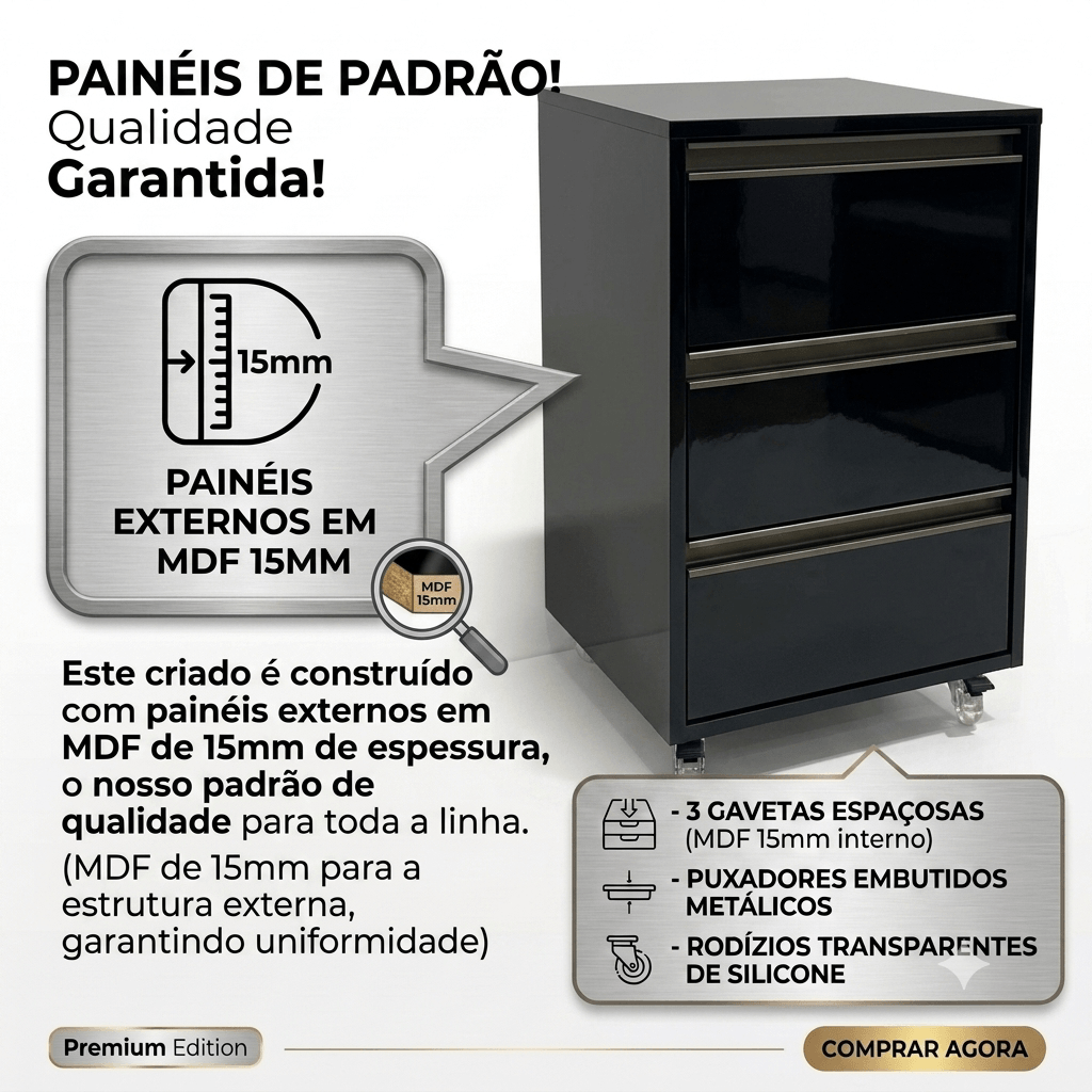 Infográfico do criado-mudo preto brilhante com 3 gavetas destacando sua estrutura em MDF 15 mm, puxadores metálicos embutidos, rodízios transparentes de silicone e acabamento premium da Fix Home BR LTDA Móveis.