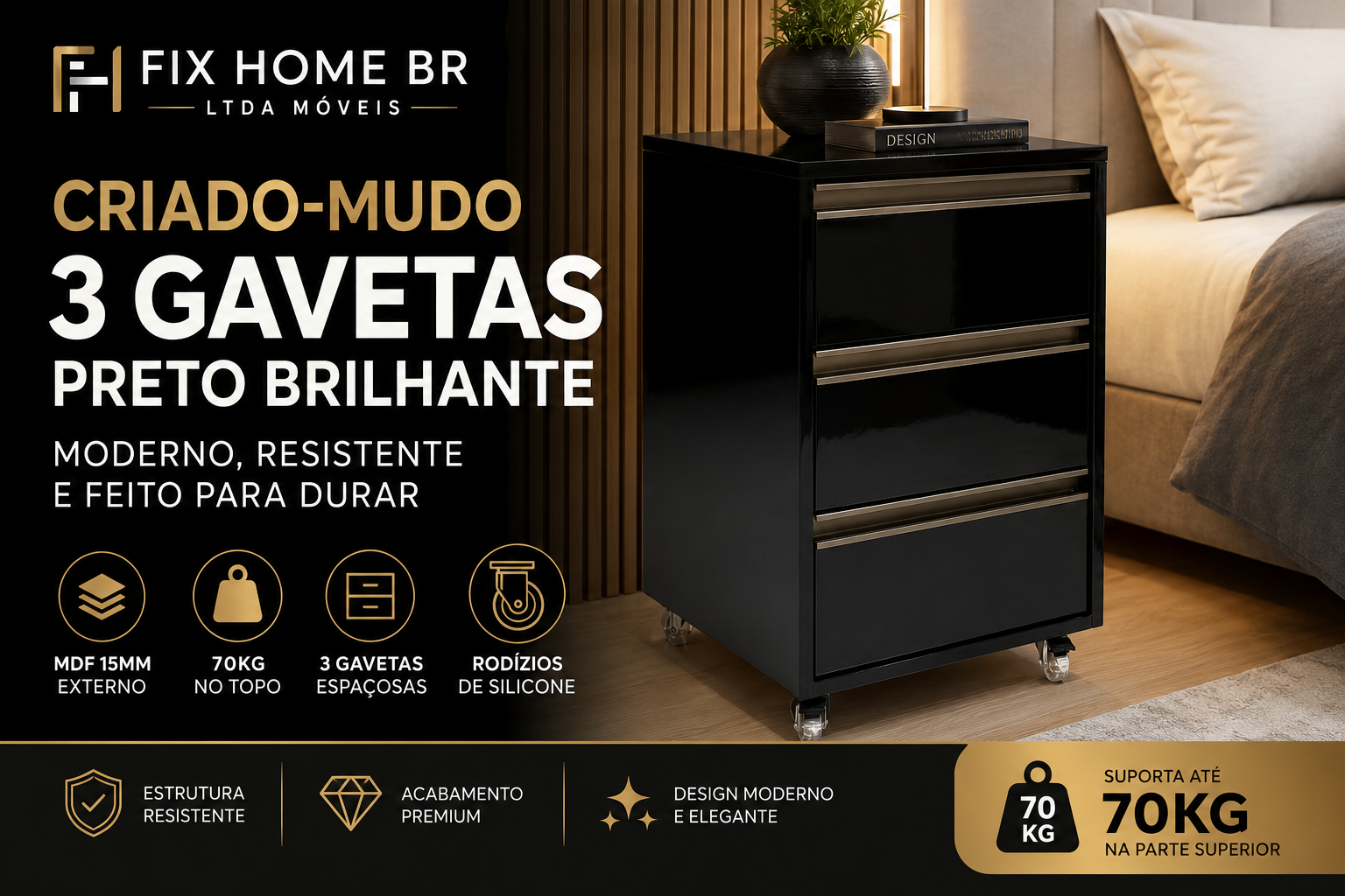 Criado-Mudo 3 Gavetas Preto Brilhante: Elegância, Resistência e Funcionalidade para o Seu Quarto