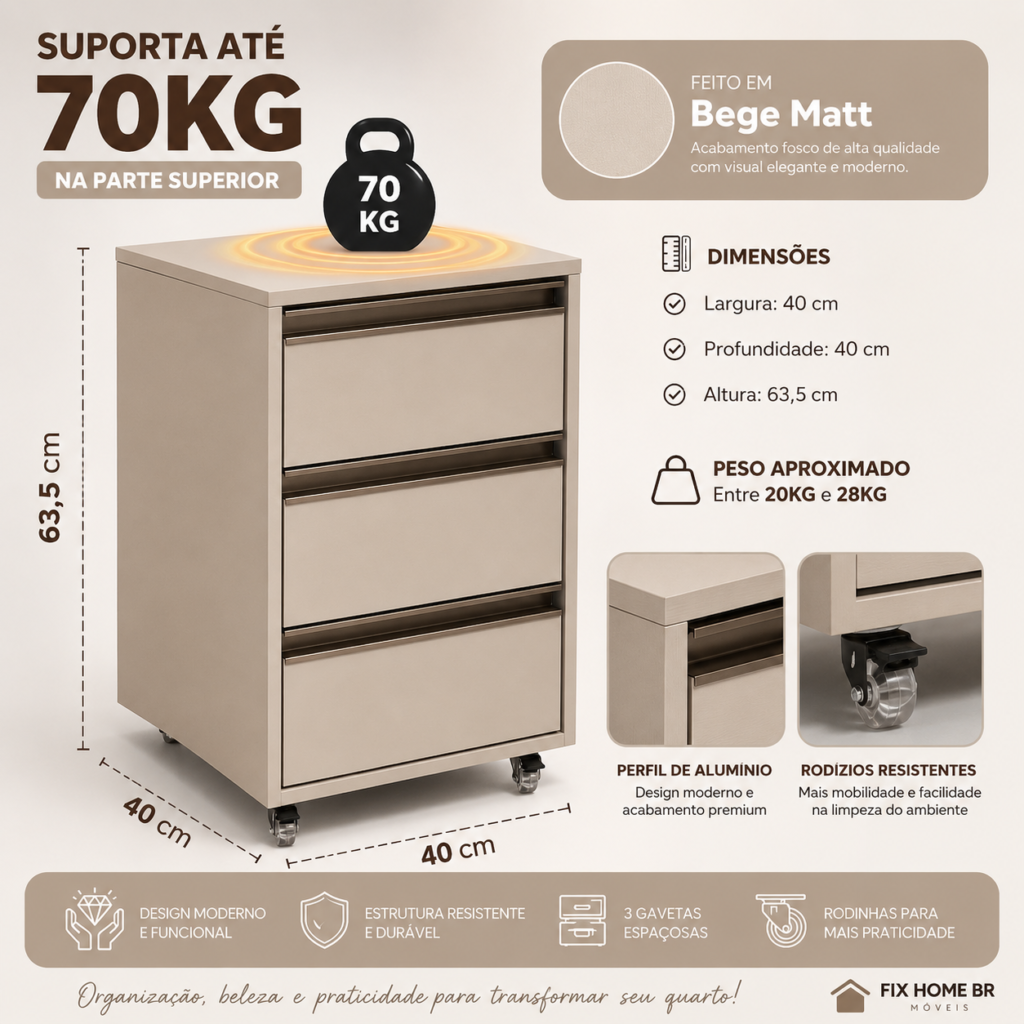 Infográfico com as medidas e especificações do Criado-Mudo Bege Matt da Fix Home BR, mostrando dimensões de 40 x 40 x 63,5 cm, capacidade de até 70 kg na parte superior, perfil de alumínio, três gavetas e rodízios.