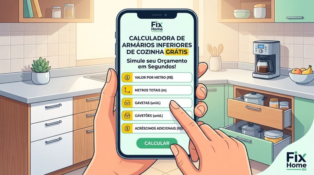 "Pessoa a preencher a calculadora gratuita de armários de cozinha sob medida em MDF da Fix Home BR num smartphone."