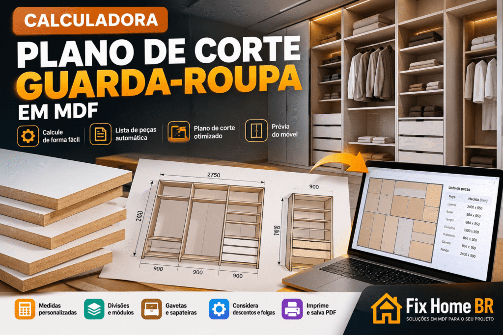 Calculadora de plano de corte para guarda-roupa em MDF da Fix Home BR, com projeto do móvel, lista de peças, medidas, plano de corte e prévia do guarda-roupa.
