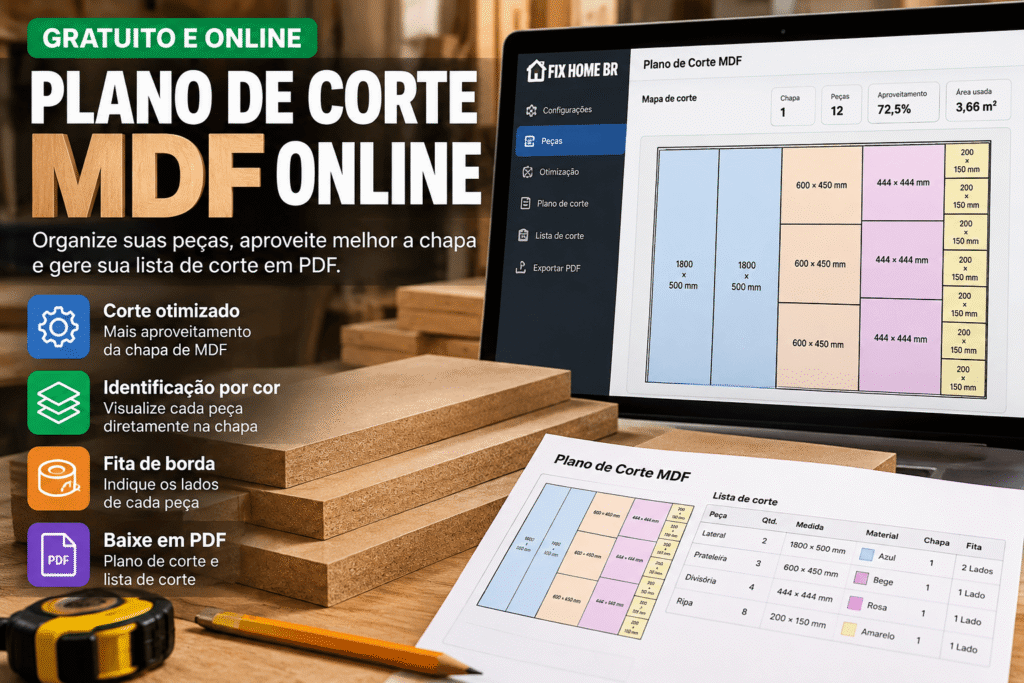 Plano de corte MDF online grátis mostrando peças organizadas em chapa de MDF
