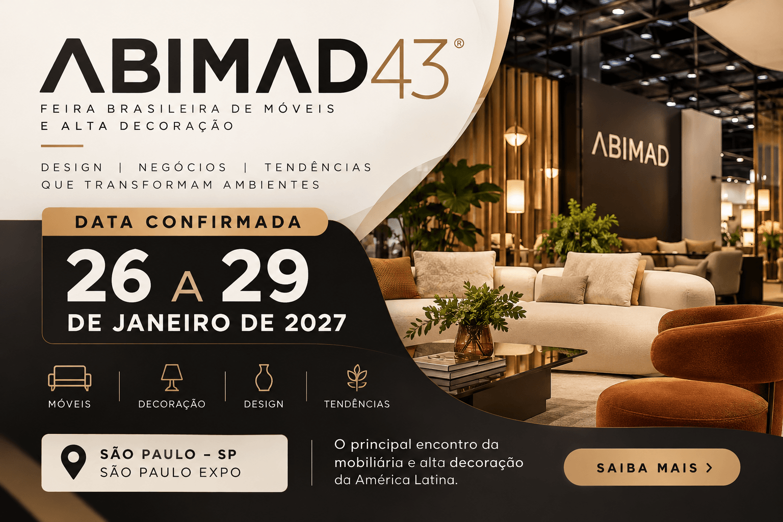 ABIMAD 43 2027, feira de móveis e alta decoração em São Paulo, de 26 a 29 de janeiro