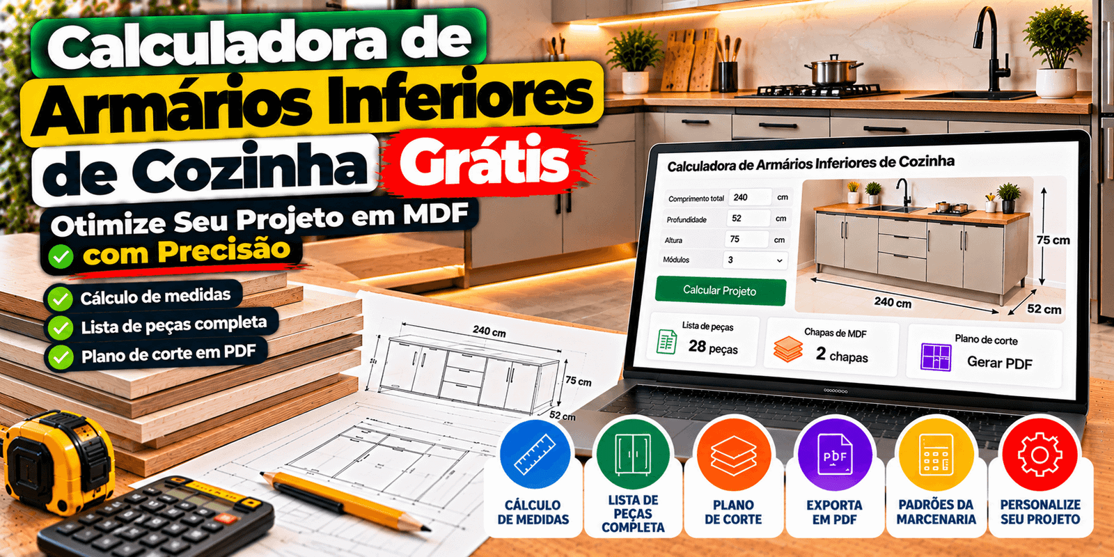 Calculadora de Armários Inferiores de Cozinha Grátis: Otimize Seu Projeto em MDF com Precisão