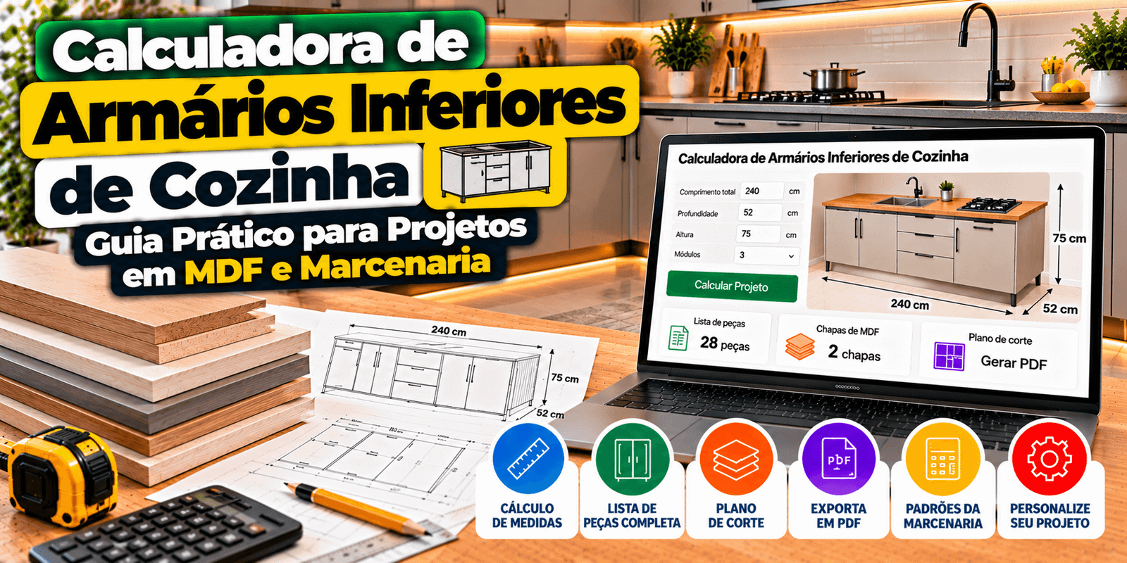 Calculadora de Armários Inferiores de Cozinha: Guia Prático para Projetos em MDF e Marcenaria