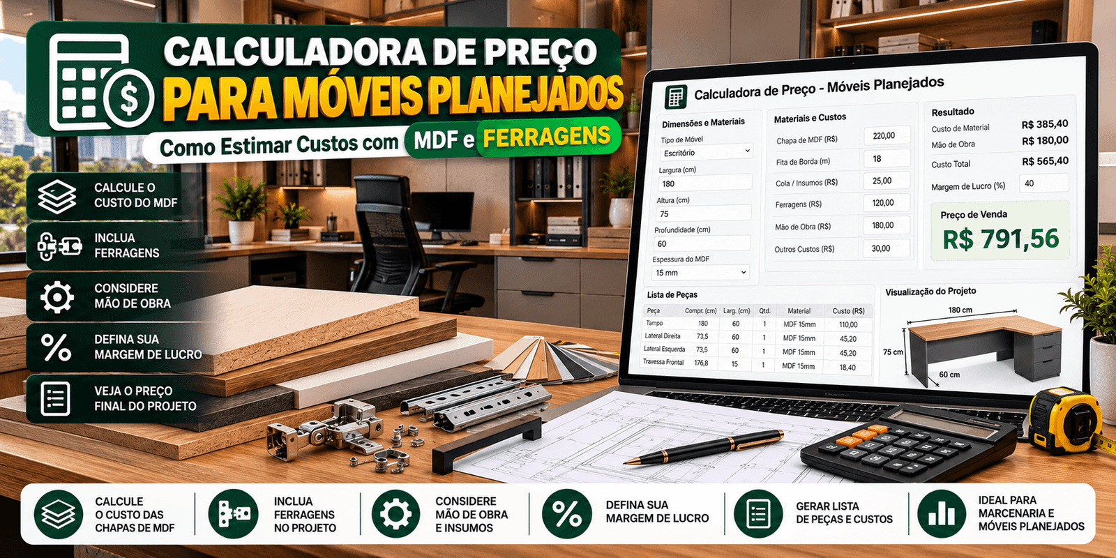 Calculadora de Preço para Móveis Planejados: Como Estimar Custos com MDF e Ferragens
