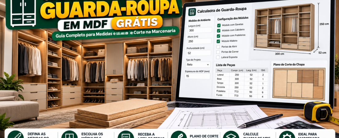 Calculadora de Guarda-Roupa em MDF Grátis: Guia Completo para Medidas e Lista de Corte na Marcenaria