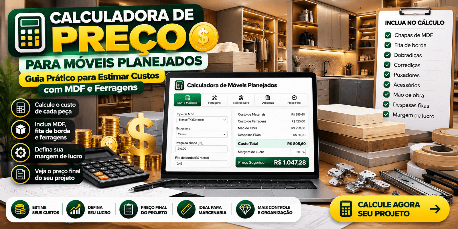 Calculadora de Preço para Móveis Planejados: Guia Prático para Estimar Custos com MDF e Ferragens