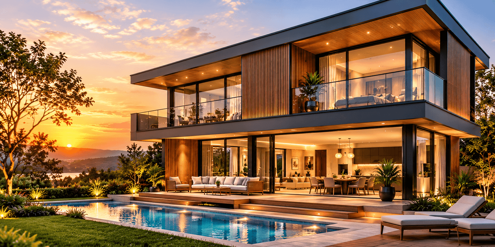 Casa pré-fabricada de alto padrão com arquitetura moderna, fachada envidraçada, detalhes amadeirados e piscina