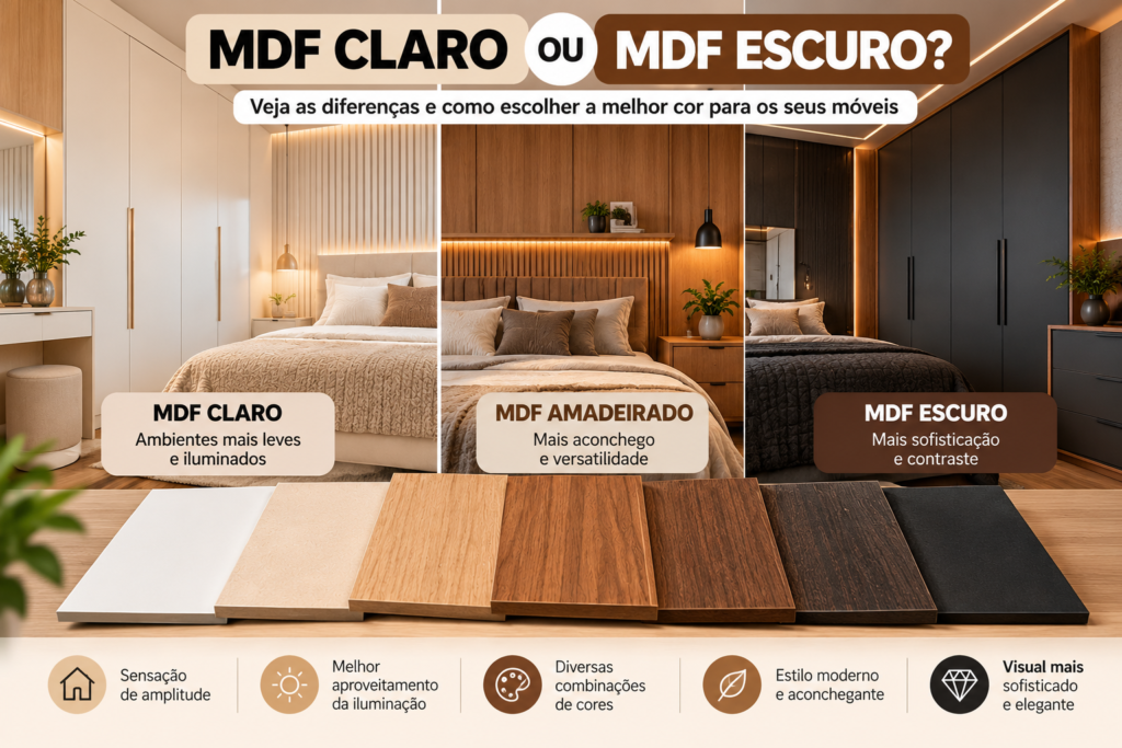 Comparação entre MDF claro, MDF amadeirado e MDF escuro
