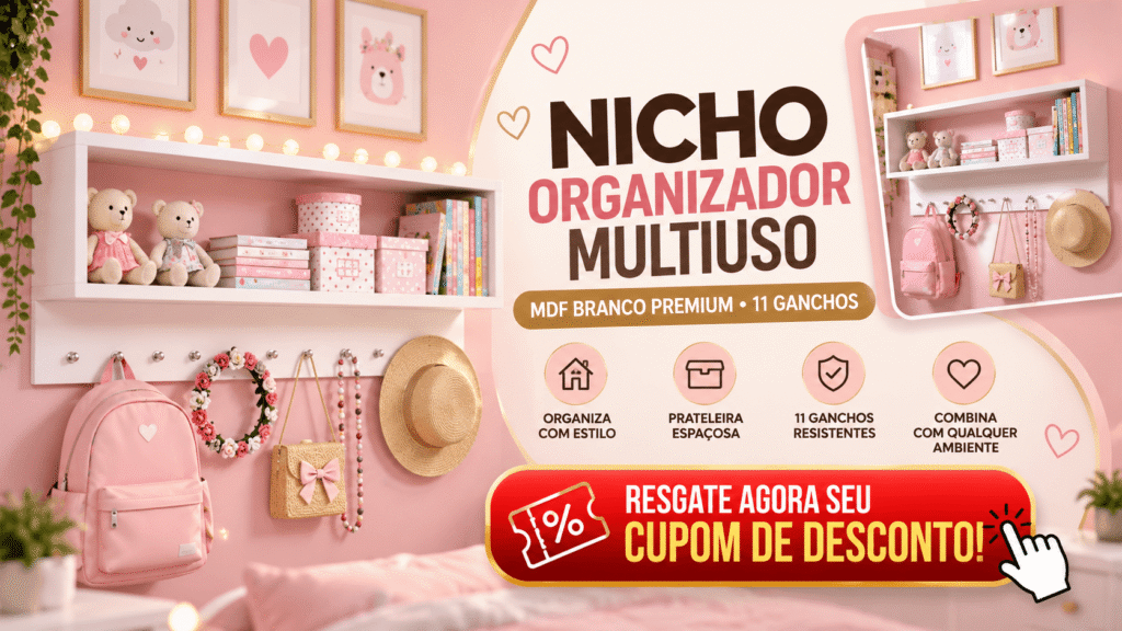 Nicho organizador multiuso branco em MDF com prateleira e 11 ganchos para acessórios