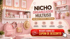 Nicho organizador multiuso branco em MDF com prateleira e 11 ganchos para acessórios