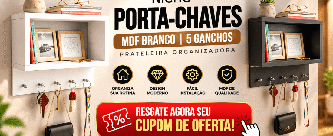Oferta Especial: Porta-Chaves MDF Branco com 5 Ganchos