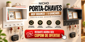 Nicho porta-chaves MDF branco com cinco ganchos e prateleira organizadora