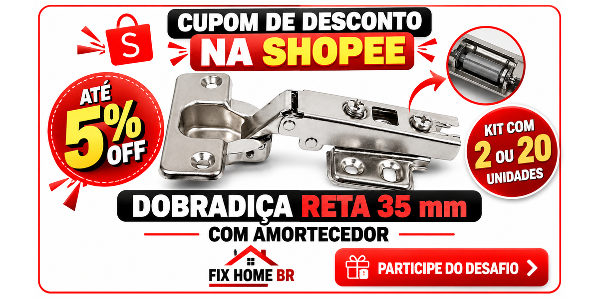 Cupom Shopee: Dobradiça Reta 35 mm com Amortecedor | FIX HOME BR