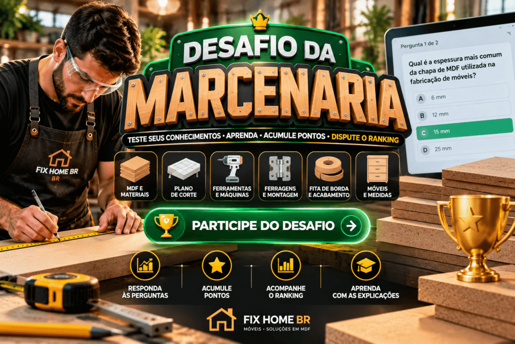 esafio da marcenaria com MDF, ferramentas, perguntas e ranking da FIX HOME BR