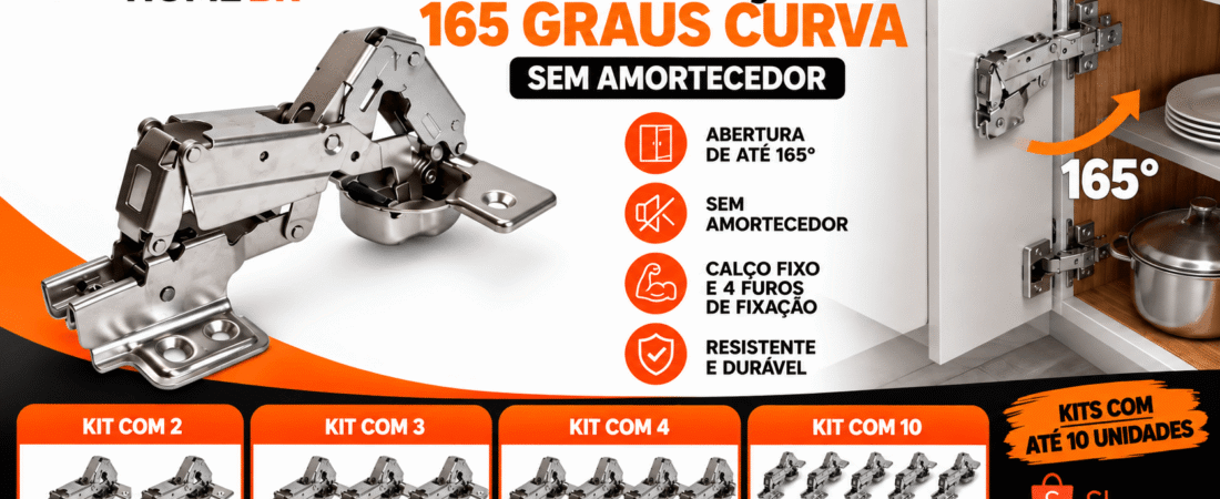 Dobradiça 165 Graus Curva Sem Amortecedor: Kit com Até 10 Unidades