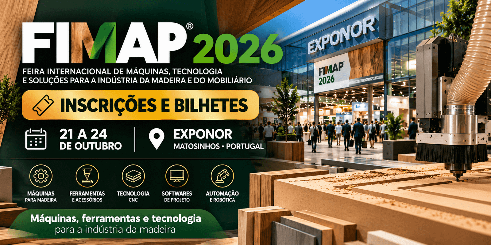 Inscrições e bilhetes da FIMAP 2026, feira de máquinas e tecnologia para marcenaria na Exponor, Portugal.