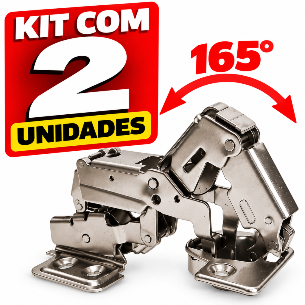 Kit com 2 dobradiças 165 graus curva sem amortecedor FIX HOME BR.
Copiar ALT