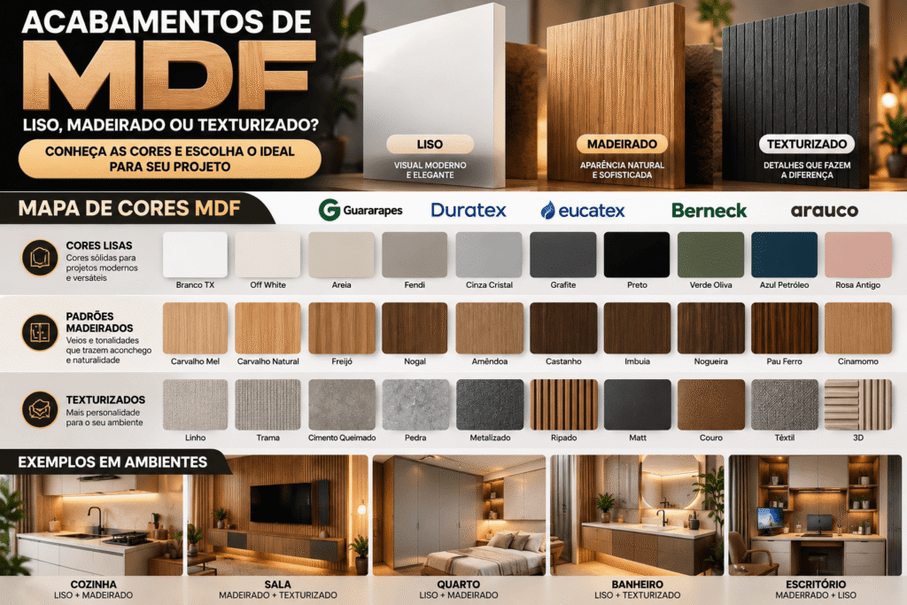 Mapa de cores e acabamentos de MDF lisos, madeirados e texturizados para móveis planejados