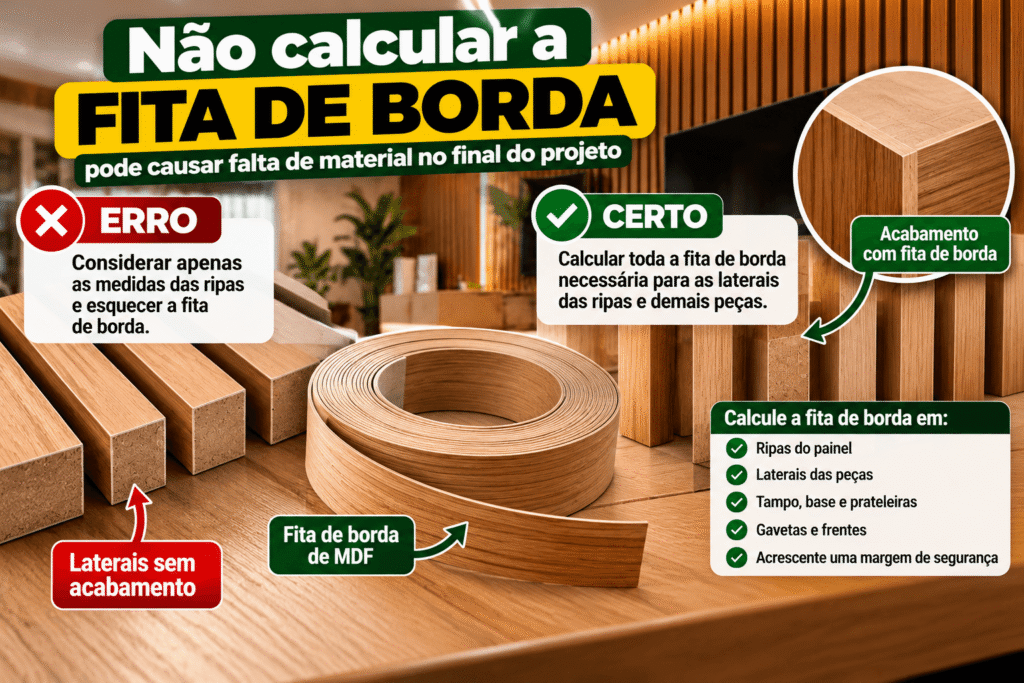 Fita de borda para MDF em painel ripado, mostrando a importância de calcular o material para o acabamento das peças.
Copiar ALT