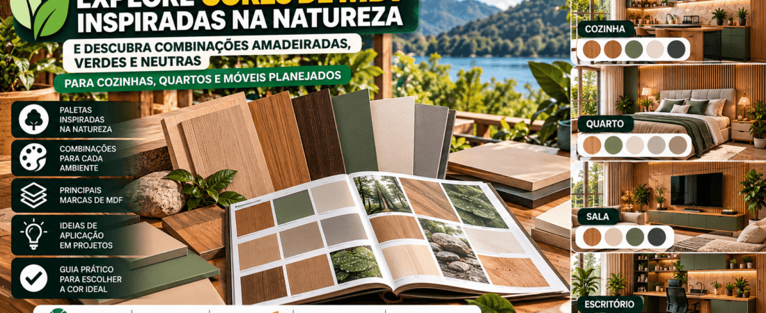 Explore cores de MDF inspiradas na natureza e descubra combinações amadeiradas, verdes e neutras para cozinhas, quartos e móveis planejados.