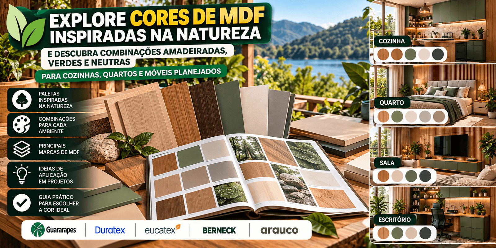 Explore cores de MDF inspiradas na natureza e descubra combinações amadeiradas, verdes e neutras para cozinhas, quartos e móveis planejados.