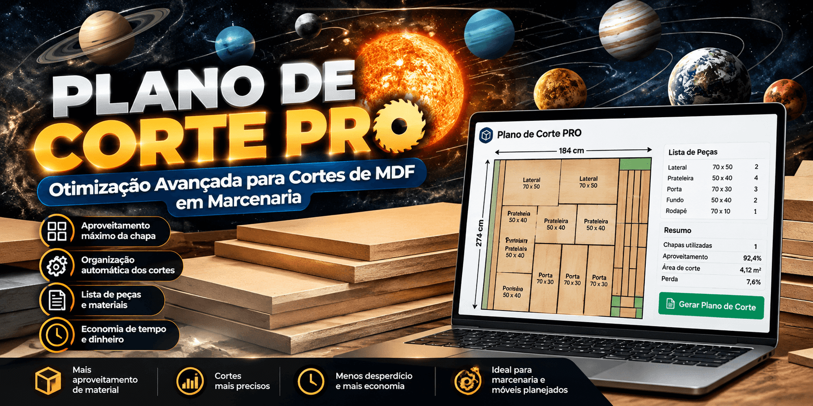 Plano de Corte PRO: Otimização Avançada para Cortes de MDF em Marcenaria
